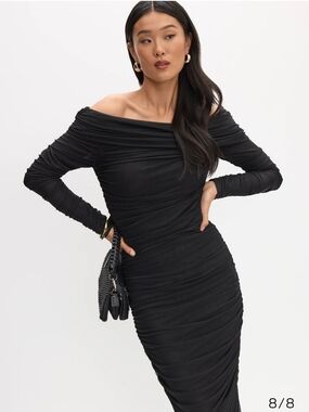 NWT - Off-Shoulder Ruched Long Sleeve Dress in Black